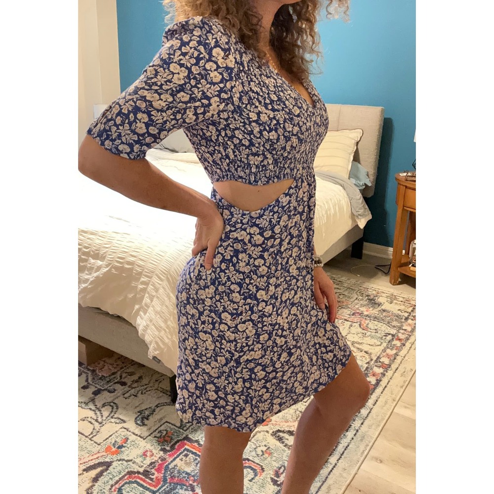 Brownie Spain blue floral summer dress side cut outs size M